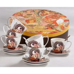   Porceláncsésze + alj 6 személyes, kanállal, 225ml, Mucha: Topáz, fehér