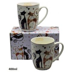   P&P Porcelánbögre 2db-os szett, 400ml, fekete-barna virágos cicás