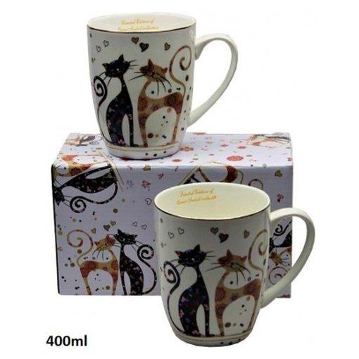 P&P Porcelánbögre 2db-os szett, 400ml, fekete-barna virágos cicás