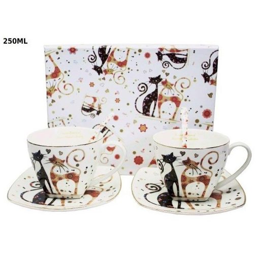 P&P Porceláncsésze+alj kanállal, 2 személyes, 250ml, fekete-barna virágos cicás