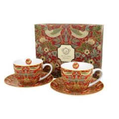   Porceláncsésze + alj 300ml, 2 személyes dobozban, William Morris: Strawberry Thief Red