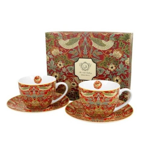 Porceláncsésze + alj 300ml, 2 személyes dobozban, William Morris: Strawberry Thief Red