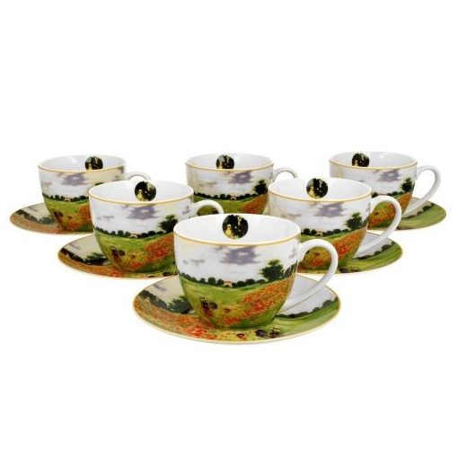 Porceláncsésze+alj, 280ml, 6 személyes, dobozban, Monet: Pipacsmező