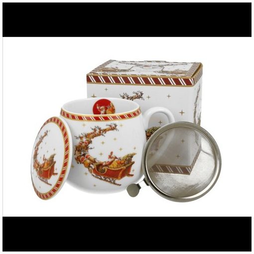 Duo Gift Porcelánbögre tetővel, fémszűrővel, 430ml, dobozban, Santa on Sleigh