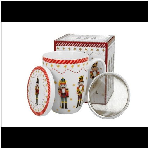 Duo Gift Porcelánbögre tetővel, fémszűrővel, 360ml, dobozban, Christmas Nutcracker