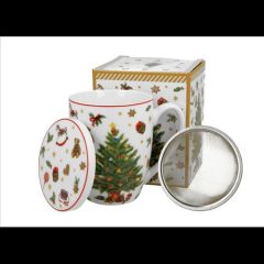   Duo Gift Porcelánbögre tetővel, fémszűrővel, 360ml, dobozban, Christmas Tree