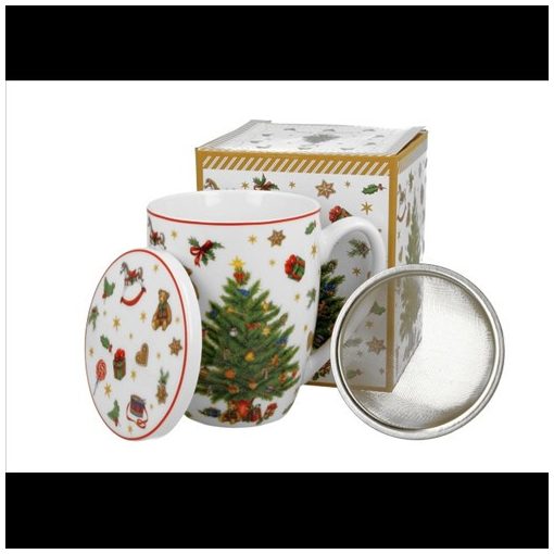 Duo Gift Porcelánbögre tetővel, fémszűrővel, 360ml, dobozban, Christmas Tree