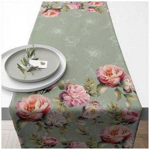 Ambiente Peonies composition green asztali futó 40x150cm, 100% pamut