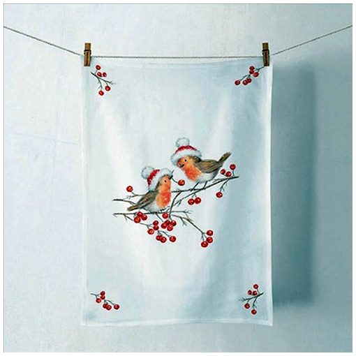 Ambiente Christmas robins white konyharuha 50x70cm, 100% pamut