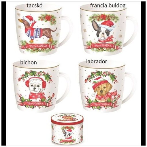 Porcelánbögre 350ml, fémdobozban, Christmas Dog