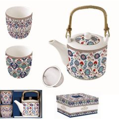   Porcelán teáskanna 600ml, fémszűrővel, 2 porcelánpohárral 160ml, dobozban, Iznik, Atmosphere