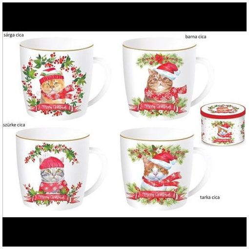 Porcelánbögre 350ml, fémdobozban, Christmas Cats