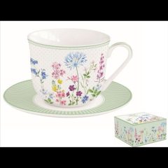 Porcelán reggelizőcsésze+alj 370ml, dobozban, Floraison