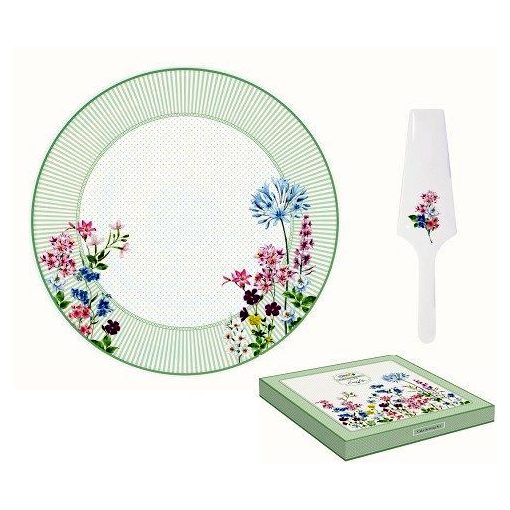 Porcelán tortatál lapáttal 32cm, dobozban, Floraison