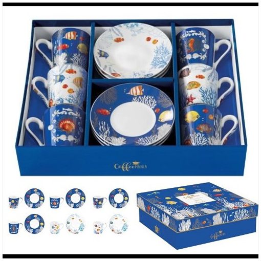 Porcelán eszpresszócsésze + alj 6 személyes 100ml, dobozban, Aquarium, Coffee Mania