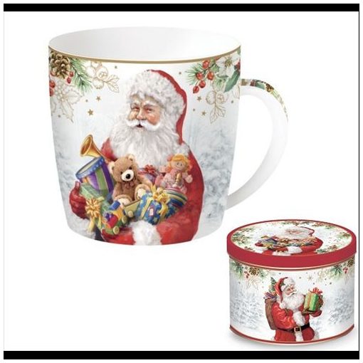 Porcelánbögre 350ml, fémdobozban, Santa Is Coming