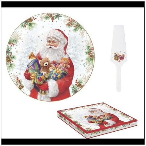 Porcelán tortatál lapáttal, 32cm, dobozban, Santa Is Santa