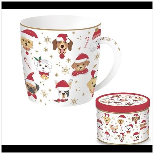 Porcelánbögre 350ml, fémdobozban, Christmas Friends Dogs