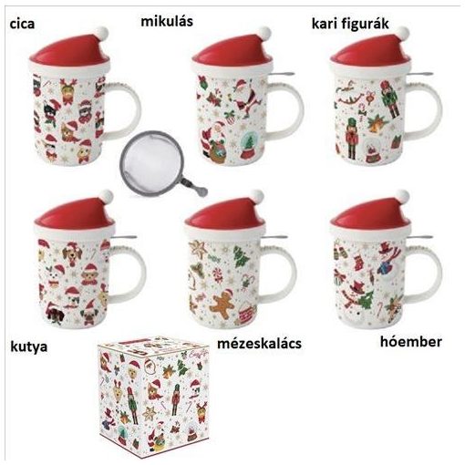 Porcelánbögre 370ml, tetővel, fémszűrővel, dobozban, Christmas Friends