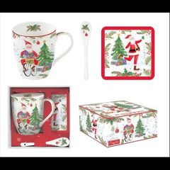   Porcelánbögre 350ml, kanállal, parafa poháralátéttel, dobozban, Joyful Santa