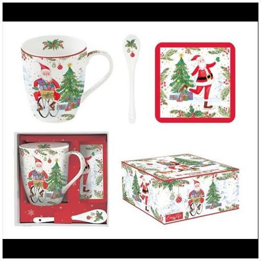 Porcelánbögre 350ml, kanállal, parafa poháralátéttel, dobozban, Joyful Santa