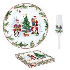 Porcelán tortatál lapáttal, 32cm, dobozba, Joyful Santa