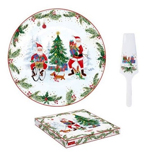 Porcelán tortatál lapáttal, 32cm, dobozba, Joyful Santa