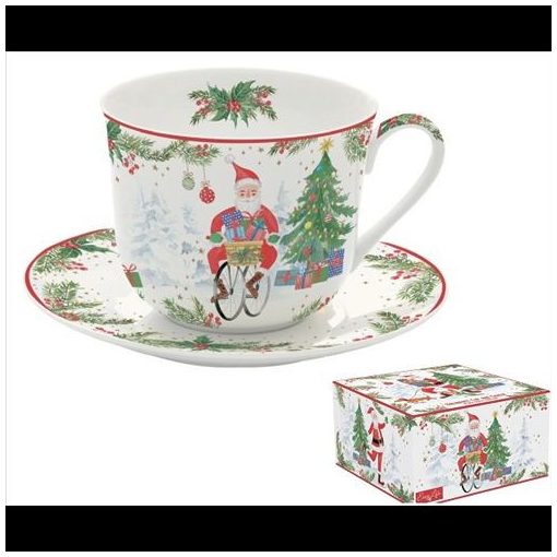 Porcelán reggelizőcsésze + alj 400ml, dobozban, Joyful Santa