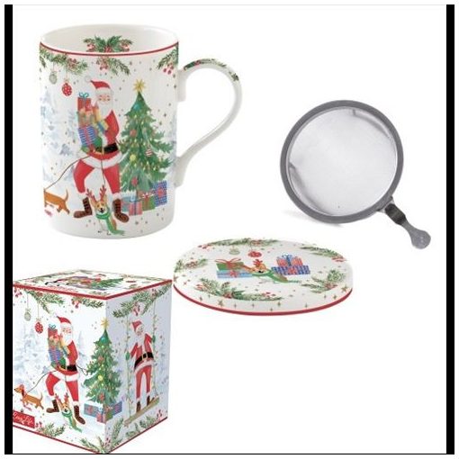 Porcelán szűrősbögre tetővel, 350ml, dobozban, Joyful Santa