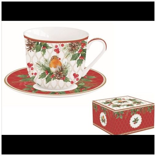 Porcelán reggelizőcsésze+alj 370ml dobozban, Christmas Berries