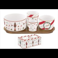   Easy Life-Nuova Porcelán kínálótálka szett 4db-os(dia:11,5/8/6,5/4,5cm), akácfa tálcán 29x13cm, dobozban, Nutcracker Twist 