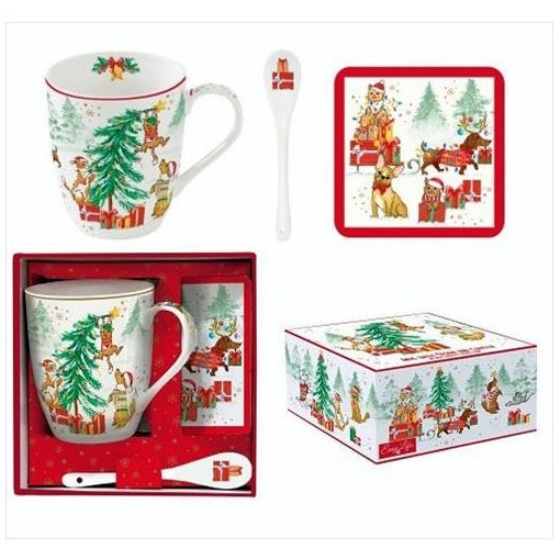 Porcelánbögre 350ml kanállal, parafa poháralátéttel, dobozban, Christmas Gang