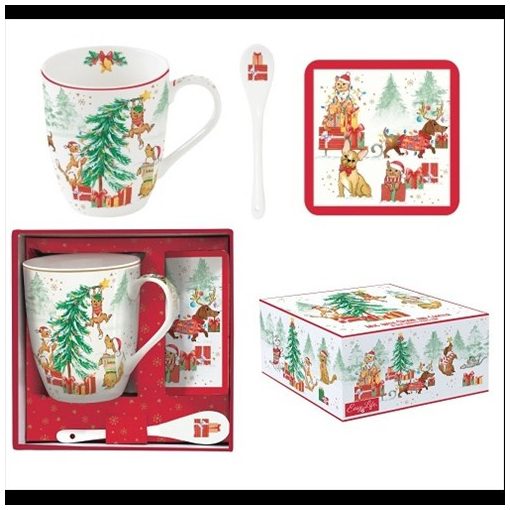 Porcelánbögre 350ml kanállal, parafa poháralátéttel, dobozban, Christmas Gang