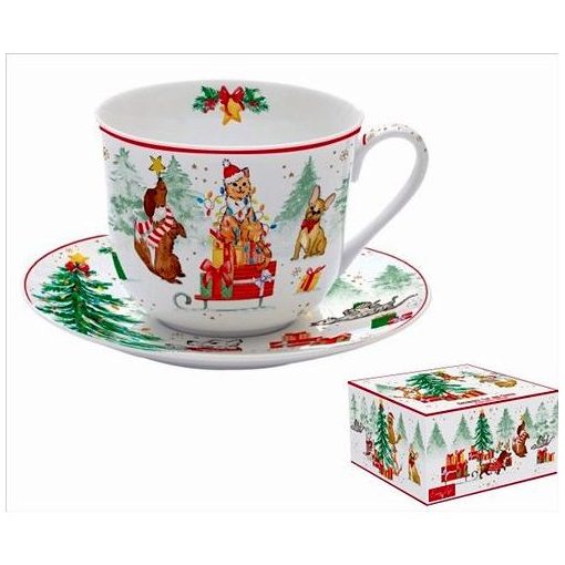 Porcelán reggelizőcsésze+alj 400ml, dobozban, Christmas Gang