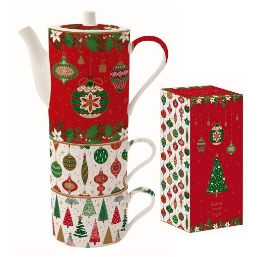 Porcelán bögreszett 2 db,240ml, teáskannával 500ml, egymásba sorolós, dobozban, Jingle Bells