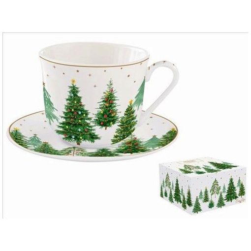 Porcelán reggelizőcsésze+alj 400ml, dobozban, Festive Trees