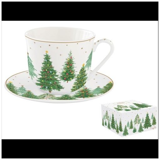 Porcelán reggelizőcsésze+alj 400ml, dobozban, Festive Trees