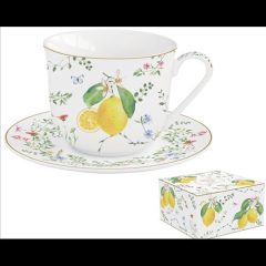   Easy Life-Nuova Porcelán reggelizőcsésze+alj 370ml dobozban, Fleur et Citrons