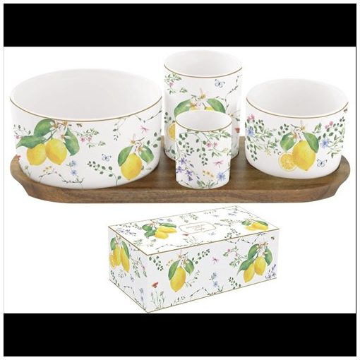 Easy Life-Nuova Porcelán kínálótálka szett 4db-os(dia:12/8/6,5/4,5cm), akácfa tálcán 29x13cm, dobozban, Fleurs et Citrons