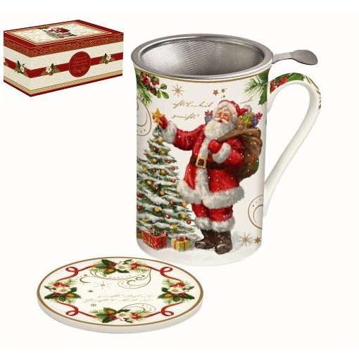 Porcelánbögre tetővel, fémszűrővel, 300ml, dobozban, Magic Christmas