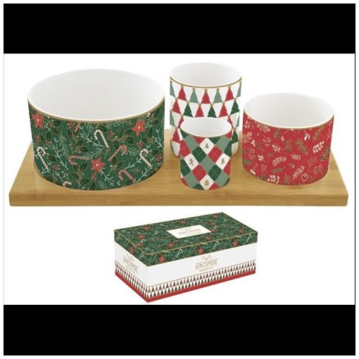 Easy Life-Nuova Porcelán kínálótál 4 db-os szett:11,5/8/6,5/4,5cm átmérő, bambusztálcán 29x13cm, Atmosphere, Fancy Christmas