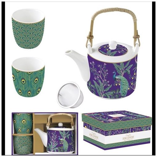 Easy Life-Nuova Porcelán teáskanna 600ml, fémszűrővel, 2 porcelánpohárral 160ml, dobozban, Imperial Peacock, Atmosphere