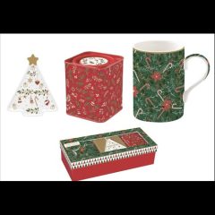   Easy Life-Nuova Porcelánbögre 350ml, +teafiltertartó 8,5x10,5cm+fémdoboz 7,5x7,5x9cm, ajándékszett dobozban, Fancy Christmas, Atmosphere