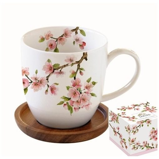 Porcelánbögre akácfa alátéttel, 350ml, dobozban, Sakura